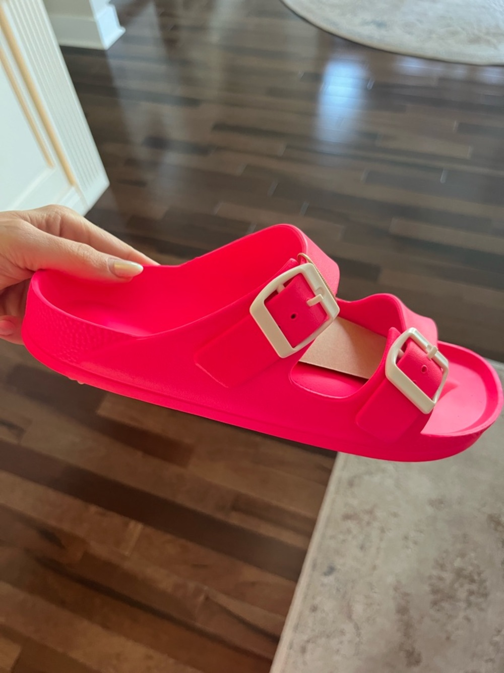 Neon Pink Double-Buckle Slide Sandal